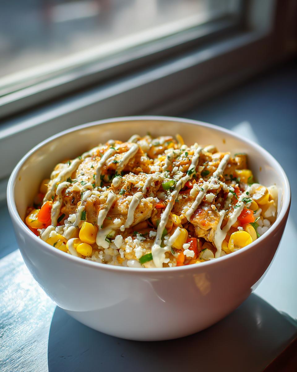 A vibrant Street Corn Hähnchen Reis Bowl filled with rice, chicken, corn, and drizzled with sauce.