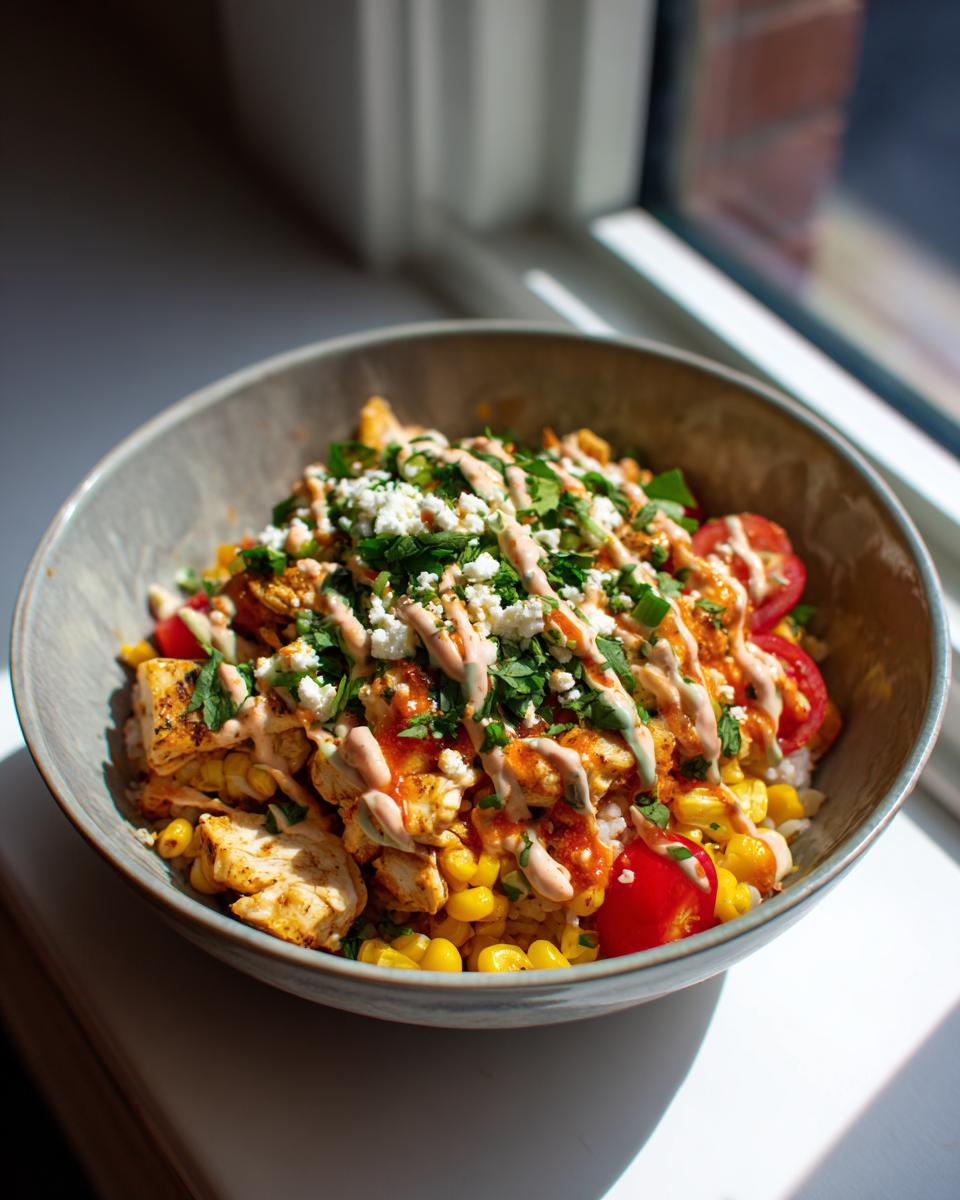Close-up of a Street Corn Hähnchen Reis Bowl with chicken, corn, tomatoes, feta, and a drizzle of sauce.