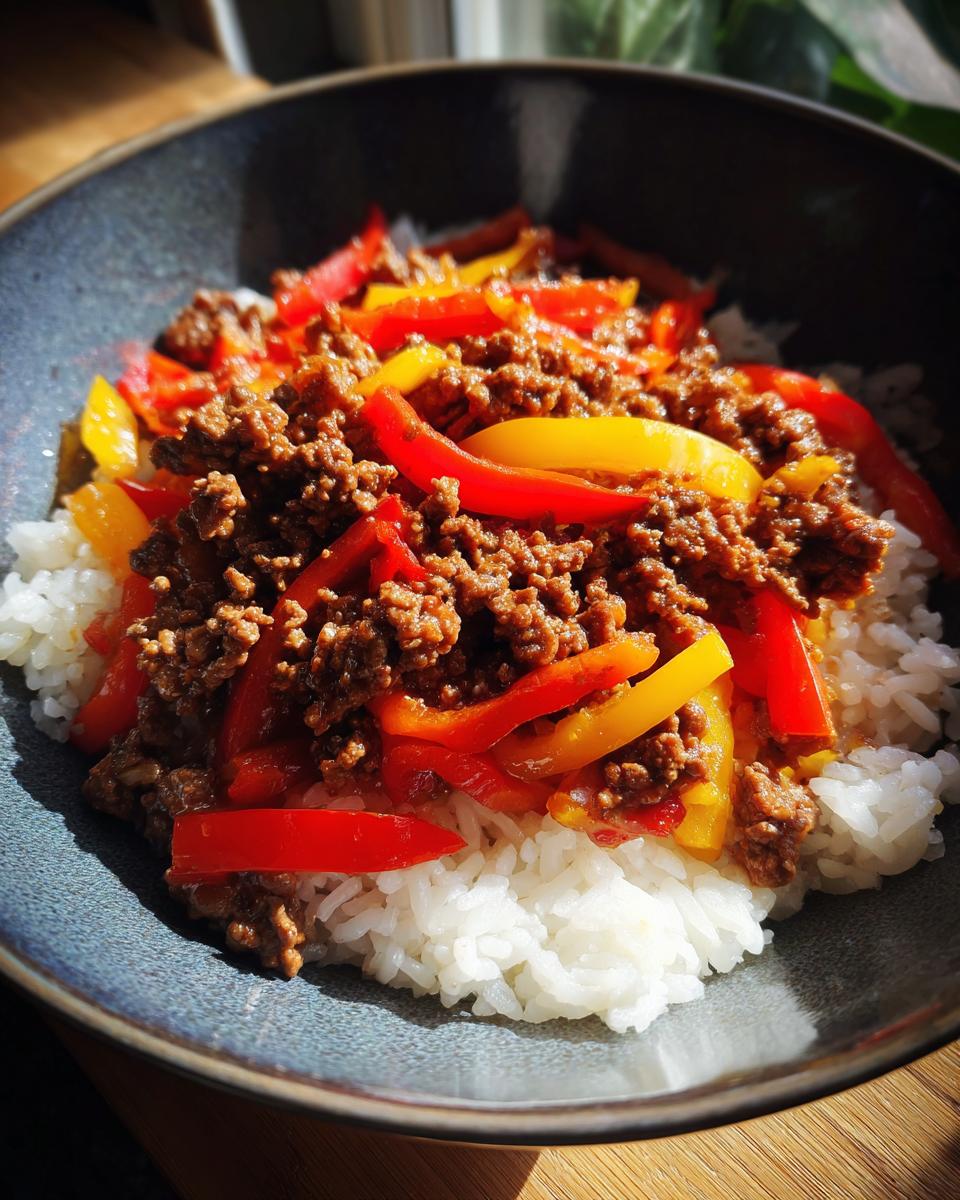 Schüssel mit Teriyaki Rindfleisch mit Reis, garniert mit roten und gelben Paprikastreifen.