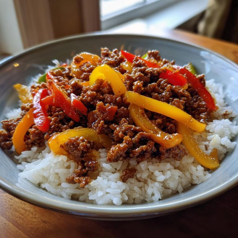 Eine Schüssel mit Teriyaki Rindfleisch mit Paprika und Reis, ein schnelles und einfaches Gericht.
