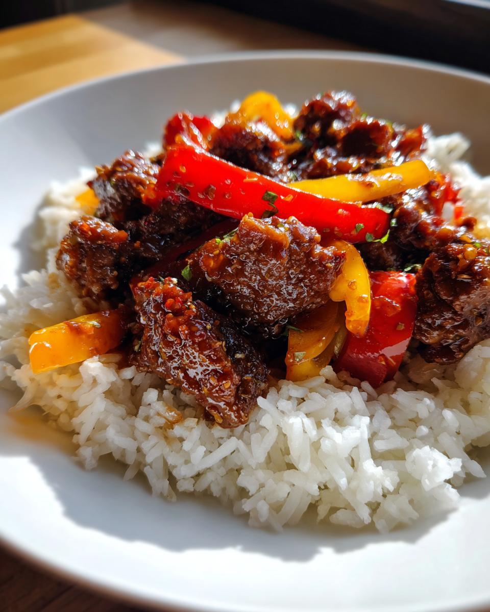 Nahaufnahme eines Teriyaki Rindfleisch Pfannengerichts mit Reis, Paprika und einer glänzenden Sauce.