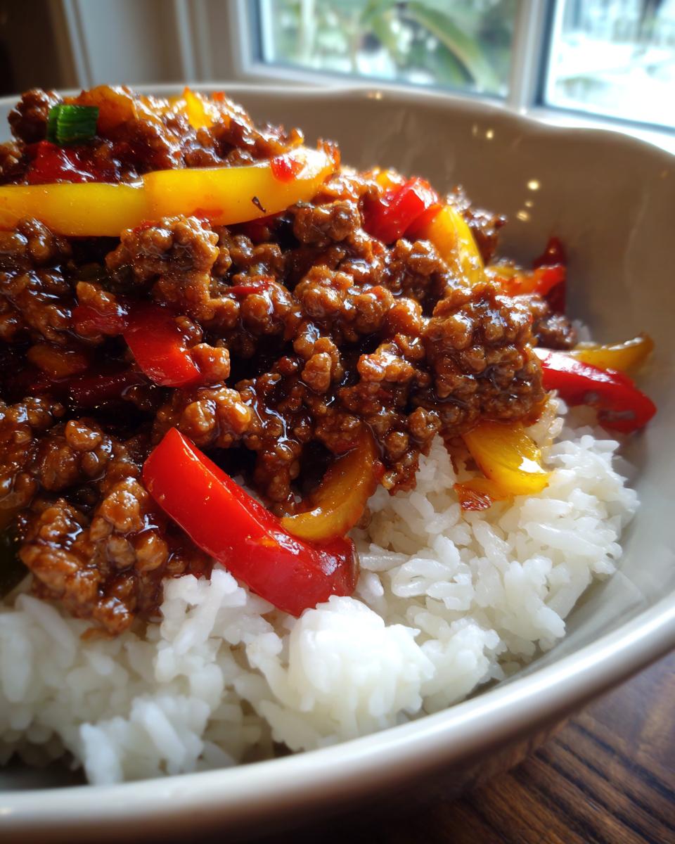 Nahaufnahme von Teriyaki Rindfleisch mit Paprika auf Reis in einer Schüssel, ein leckeres Pfannengericht.