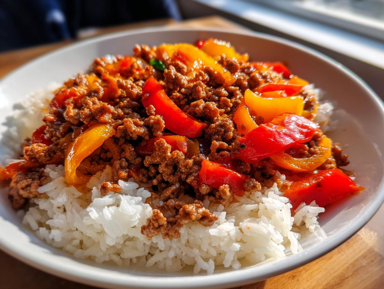 Nahaufnahme von Teriyaki Rindfleisch mit Reis und Paprika, ein herzhaftes Pfannengericht.