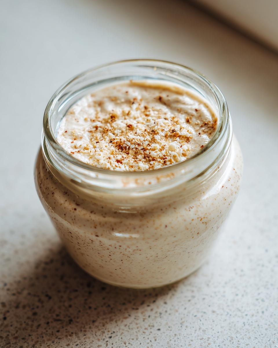 A close-up of creamy Vanillekipferl-Creme in a glass jar, topped with finely chopped nuts.