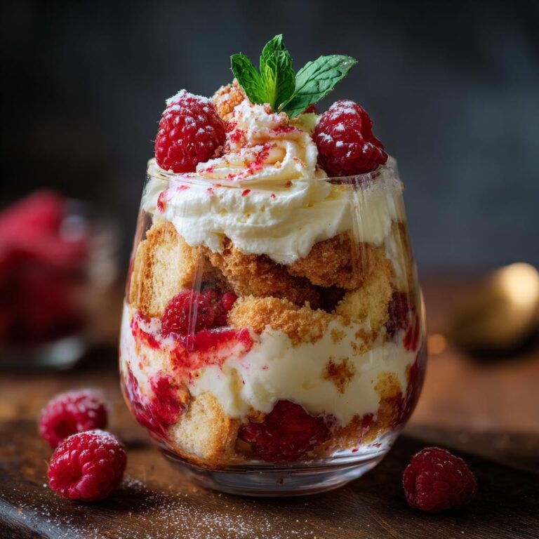 Ein dekadentes Vanillekipferl Dessert mit Himbeeren, geschichtet in einem Glas mit Sahne und Biskuit.