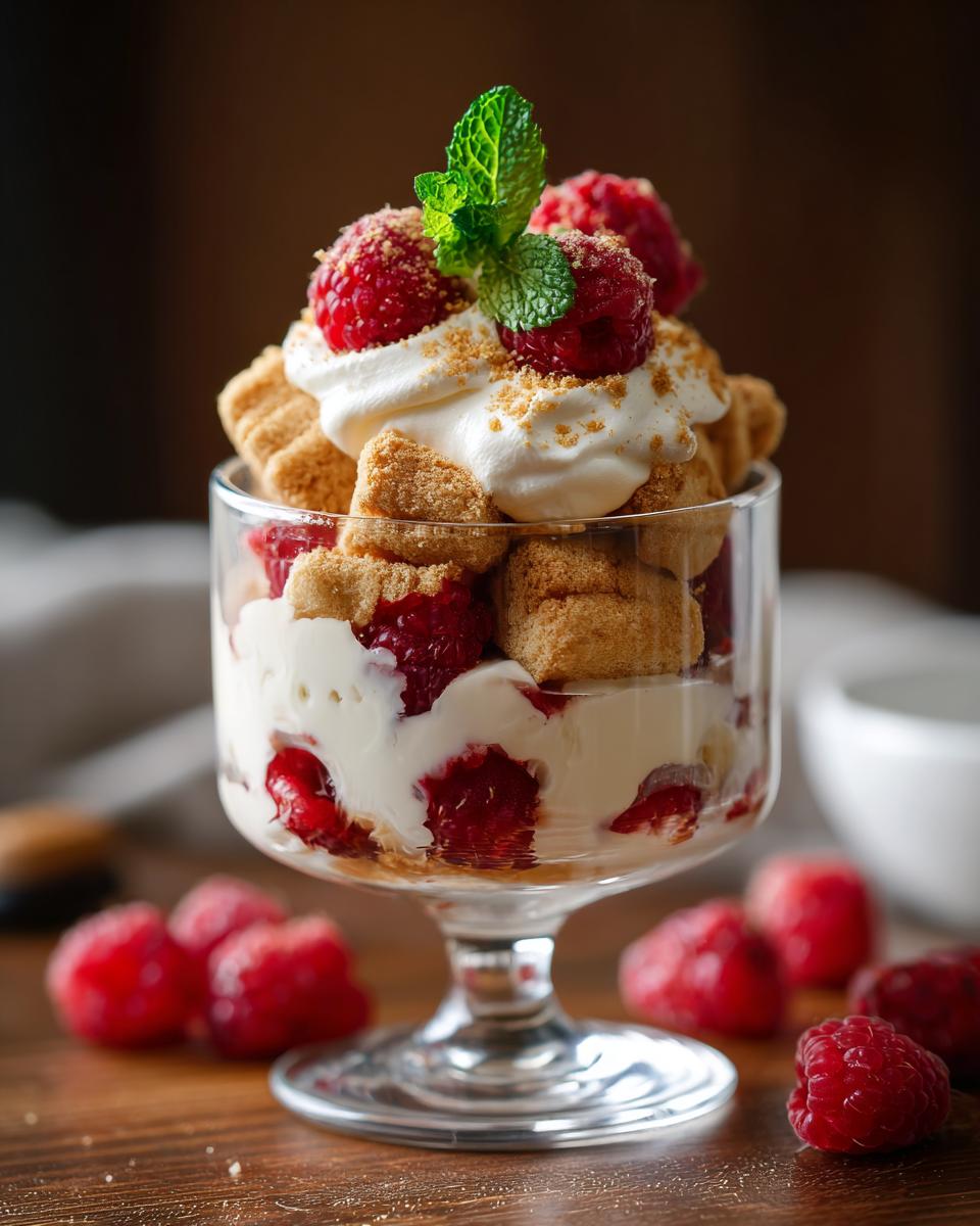 Ein Glas Vanillekipferl Dessert mit Himbeeren, geschichtet mit Sahne, Himbeeren und Keksen, garniert mit Minze.