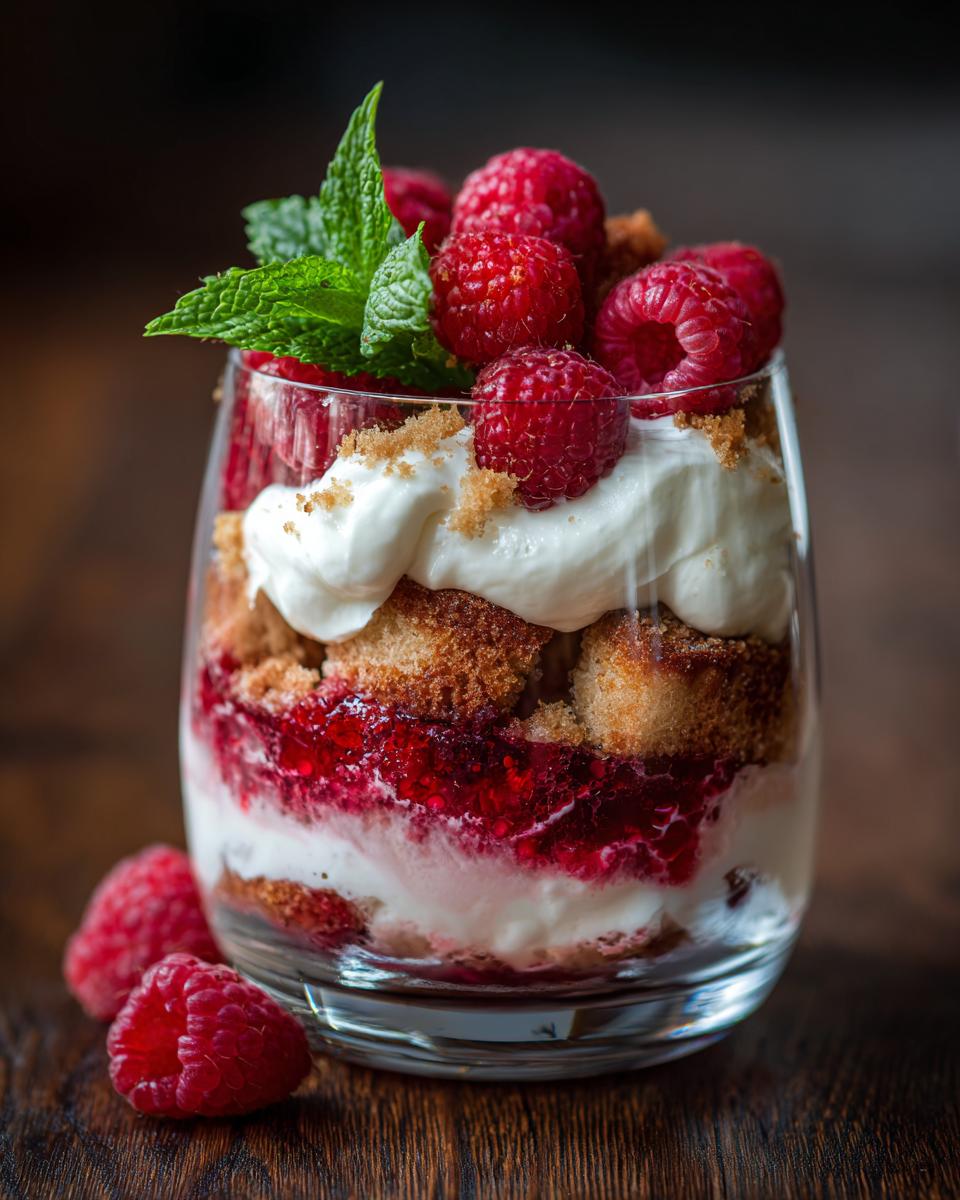 Schichtdessert im Glas mit Vanillekipferl, Himbeeren und Sahne, garniert mit Minze.
