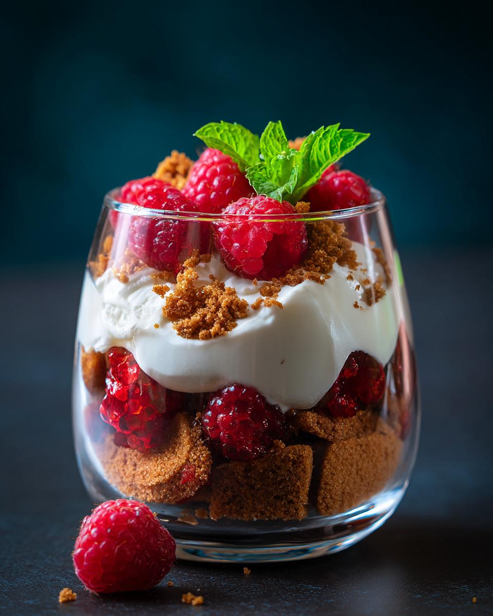 Schichtdessert im Glas mit Vanillekipferl-Krümeln, Himbeeren und Sahne, garniert mit Minze.