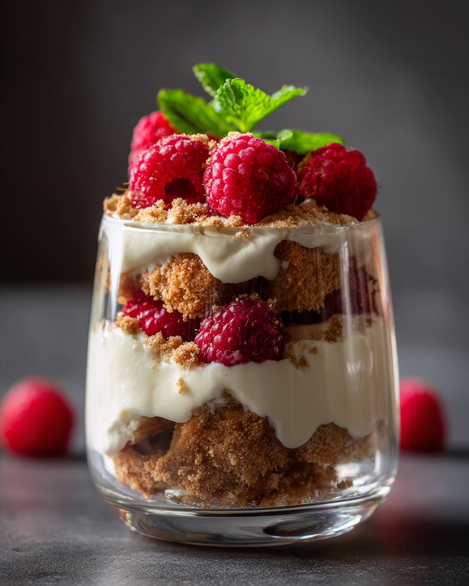 Schichtdessert im Glas mit Vanillekipferl-Krümeln, Sahne und Himbeeren, garniert mit Minze.