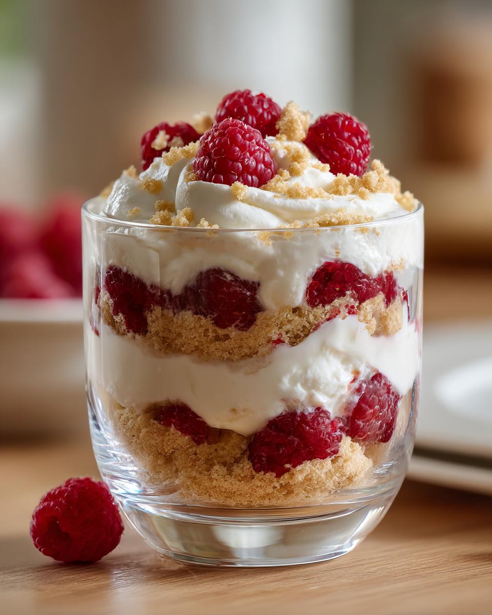 Schichtdessert im Glas mit Vanillekipferl-Krümeln, Sahne und frischen Himbeeren.