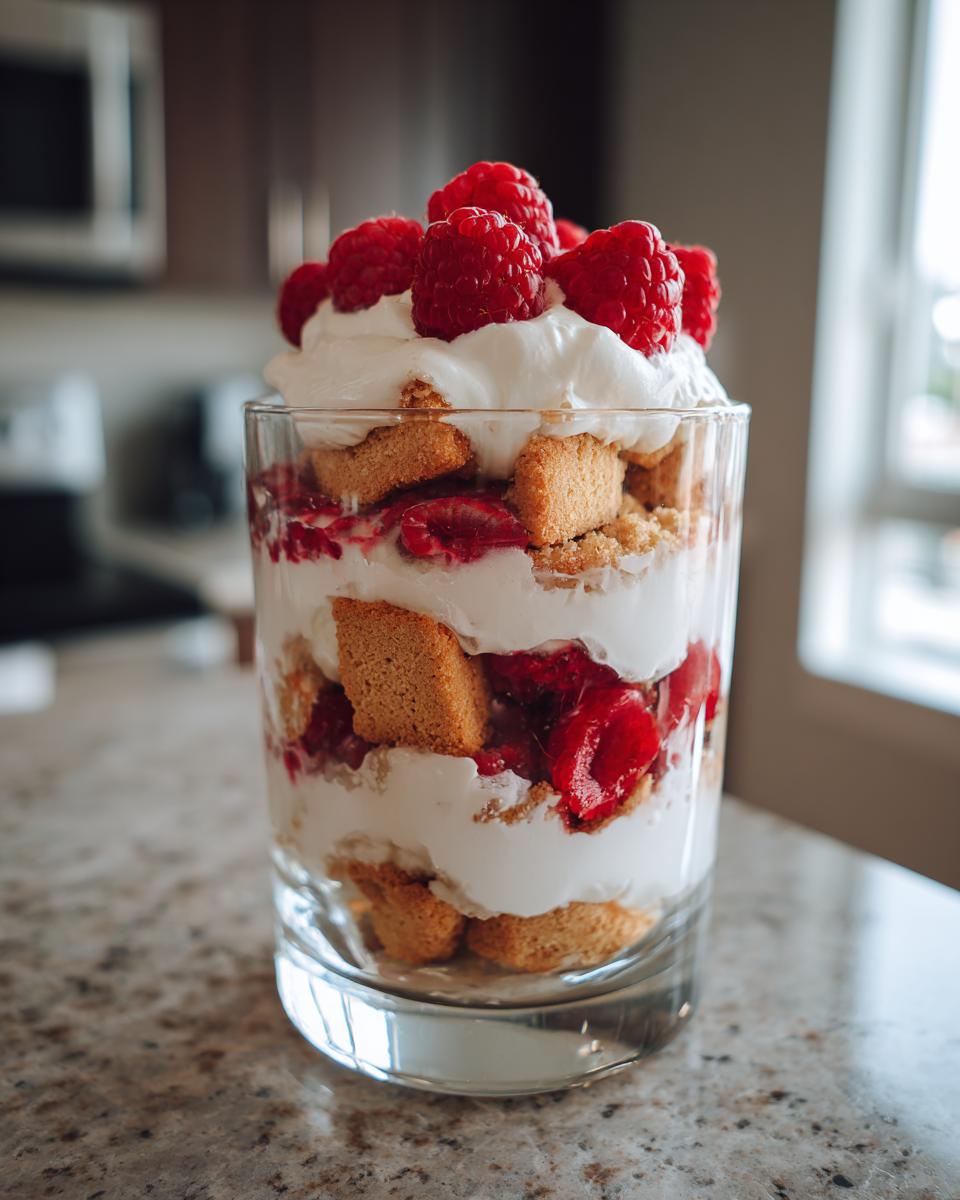 Schnelles Vanillekipferl Dessert mit Himbeeren in einem Glas geschichtet, mit Schlagsahne und frischen Himbeeren garniert.