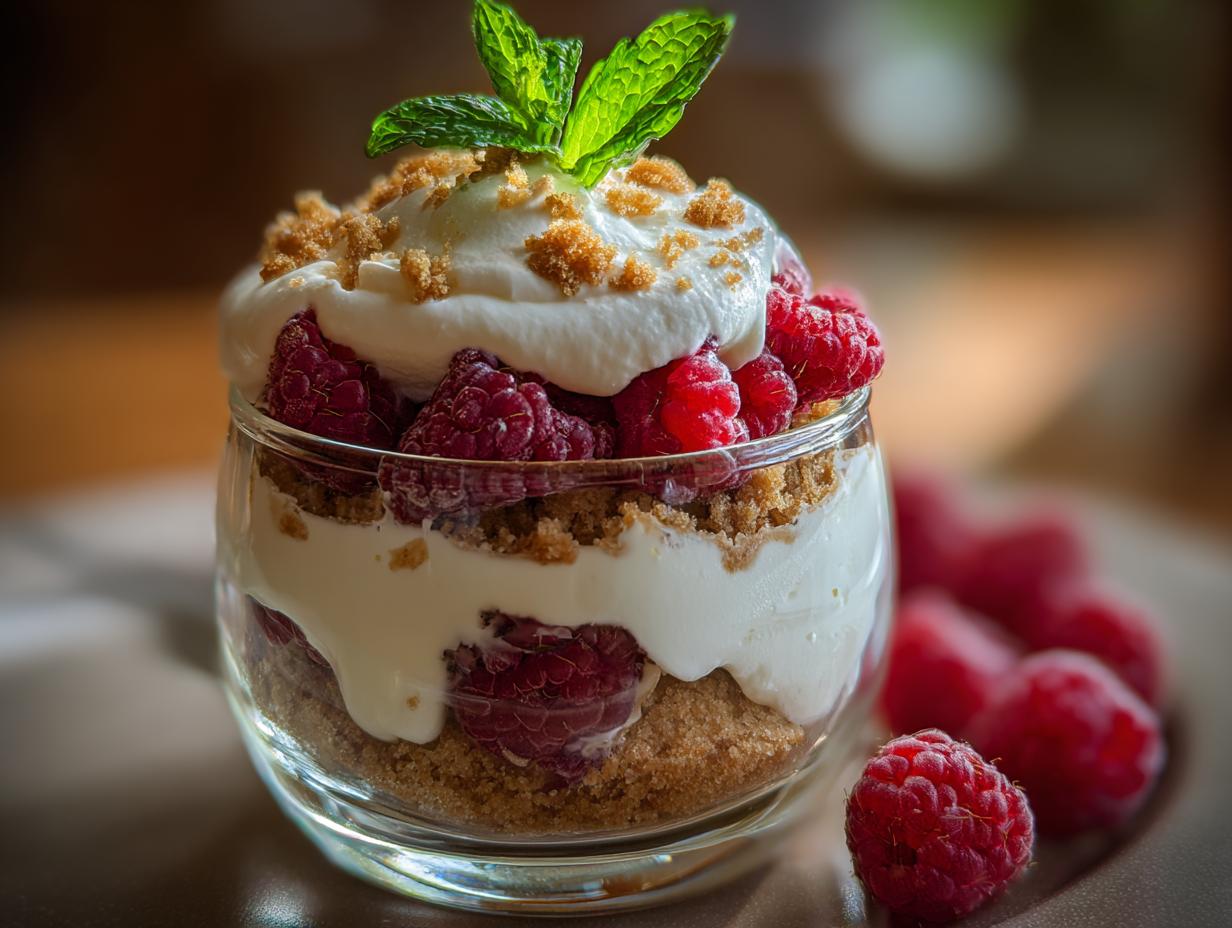 Vanillekipferl Dessert mit Himbeeren geschichtet in einem Glas, garniert mit Sahne und Minze.