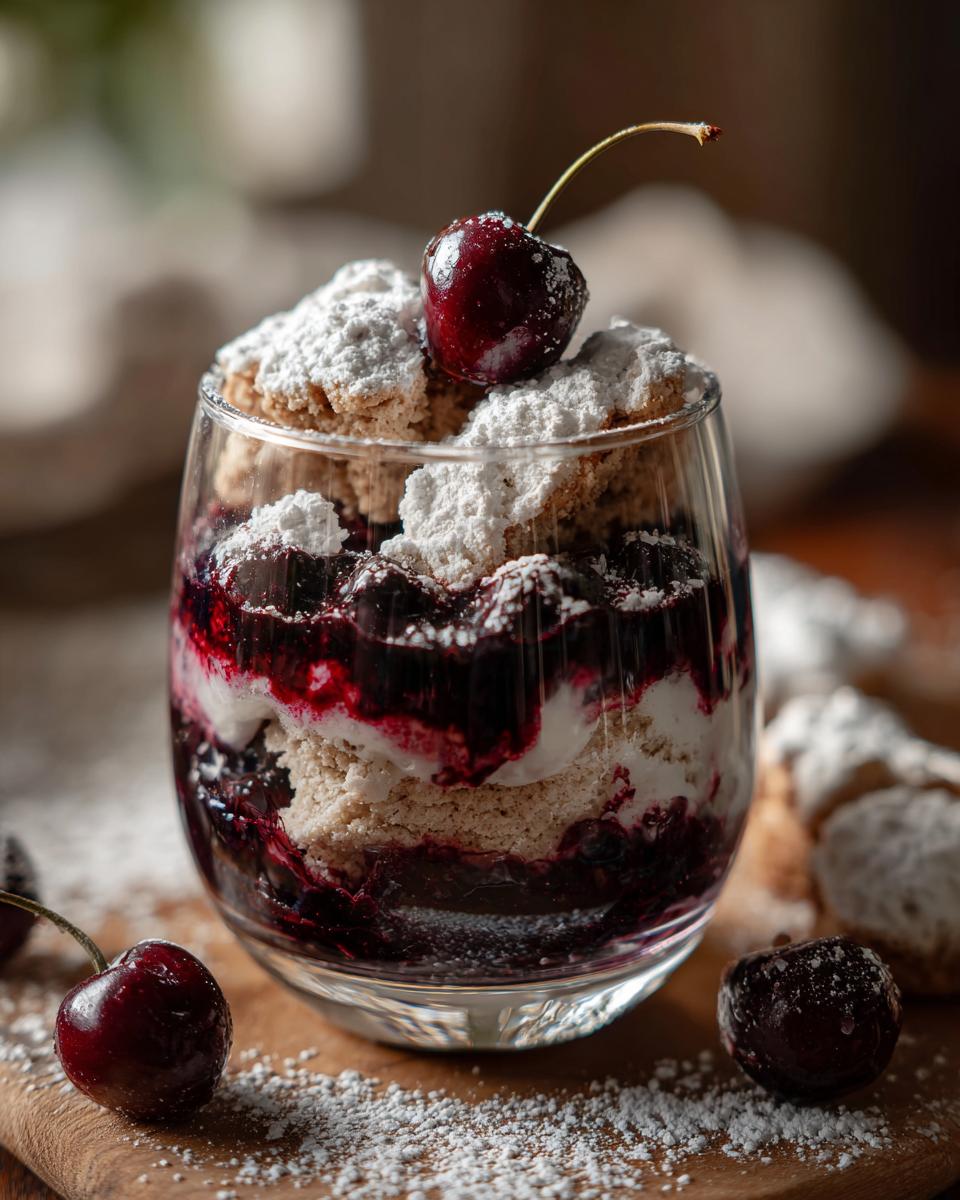 Vanillekipferl Kirsch Dessert im Glas, geschichtet mit Kirschen und Vanillekipferl-Bröseln, garniert mit Puderzucker und Kirschen.