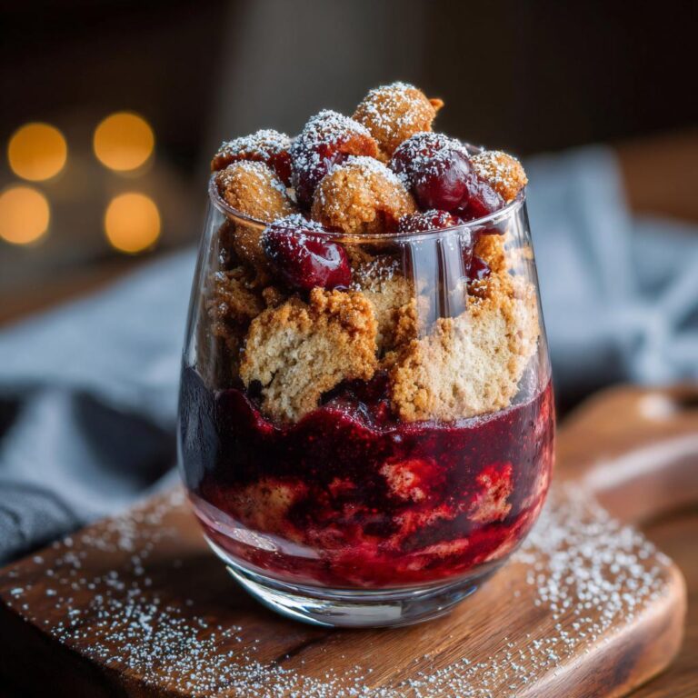 A delicious Vanillekipferl Kirsch Dessert served in a glass, layered with cherries and crumble, dusted with powdered sugar.