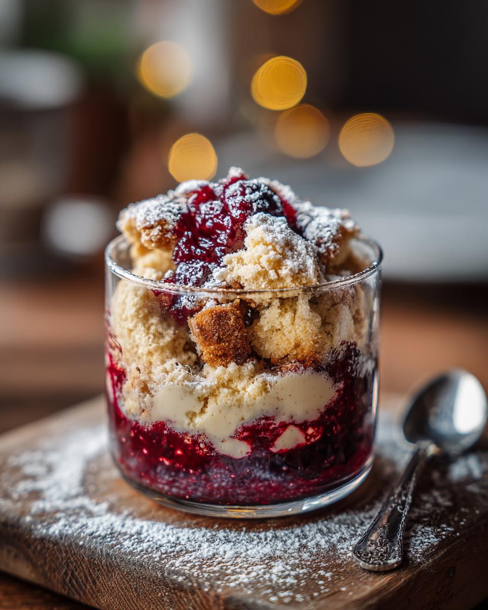 A layered Vanillekipferl Kirsch Dessert in a glass, topped with berry compote and powdered sugar.