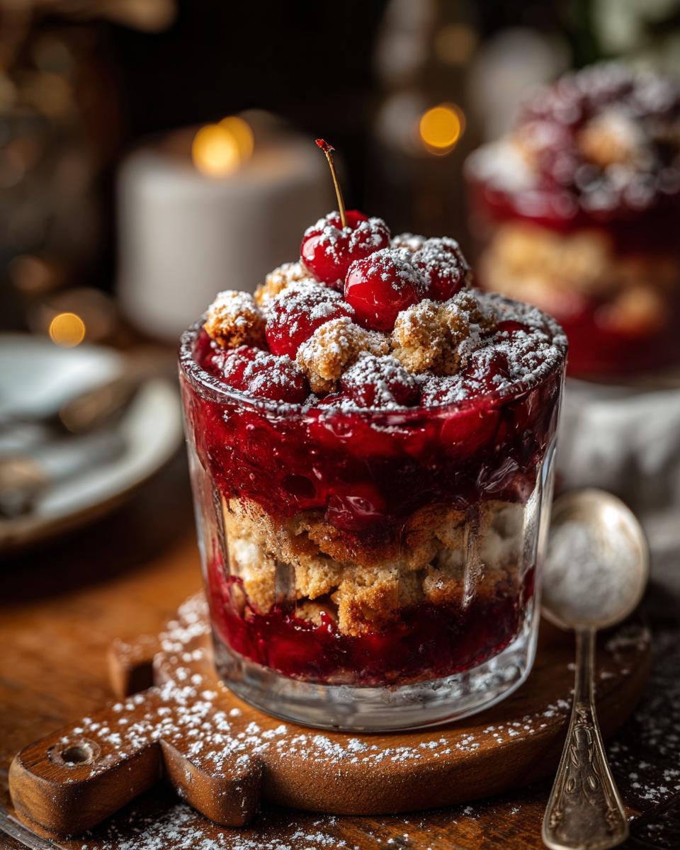 A festive Vanillekipferl Kirsch Dessert layered in a glass, topped with cherries and powdered sugar.