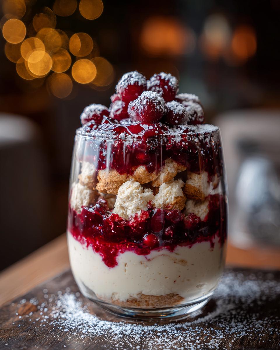 A layered Vanillekipferl Kirsch Dessert in a glass, topped with cherries and powdered sugar.