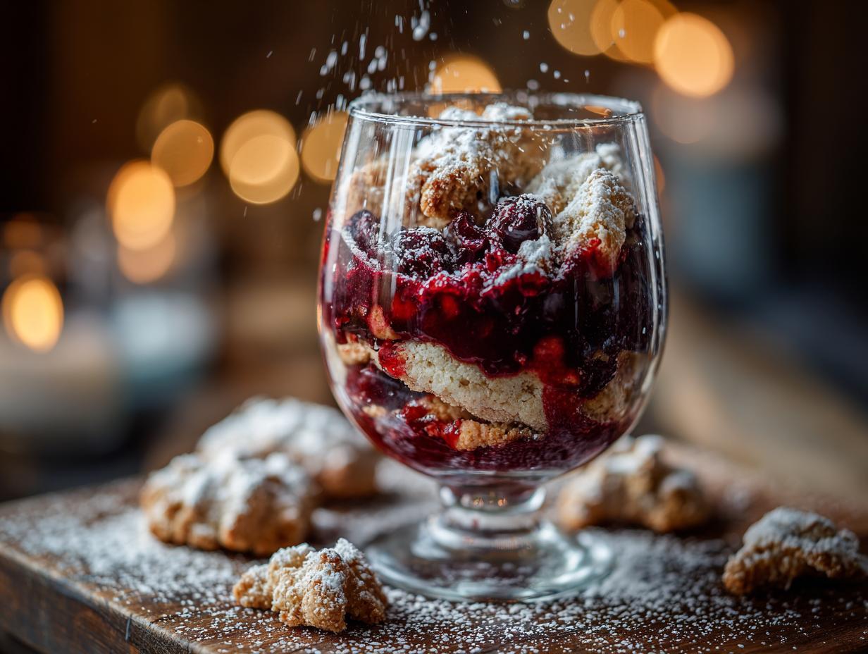 A layered Vanillekipferl Kirsch Dessert in a glass, with cookies and cherries, dusted with powdered sugar.