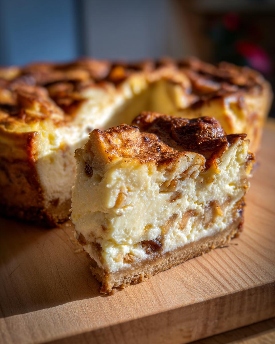 A slice of Weihnachtlicher Käsekuchen mit Bratapfel on a wooden board, showing the creamy cheese filling and apple pieces.