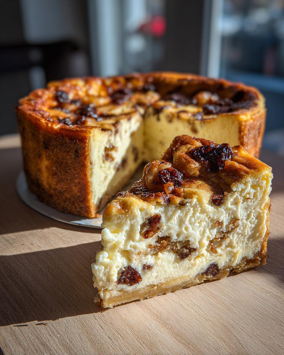 Ein Stück Weihnachtlicher Käsekuchen mit Bratapfel auf einem Holztisch, mit dem ganzen Kuchen im Hintergrund.