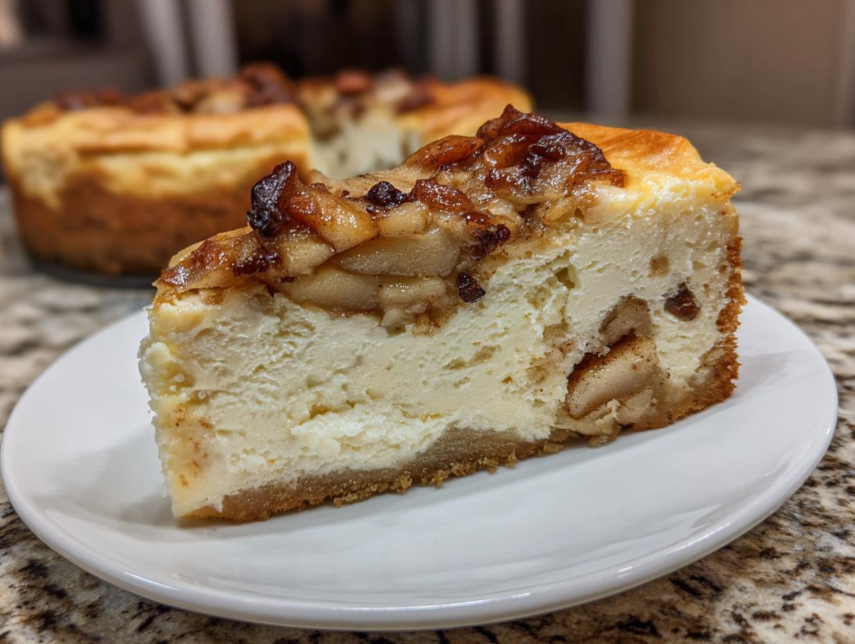 Ein Anschnitt von einem weihnachtlichen Käsekuchen mit Bratapfel auf einem weißen Teller.
