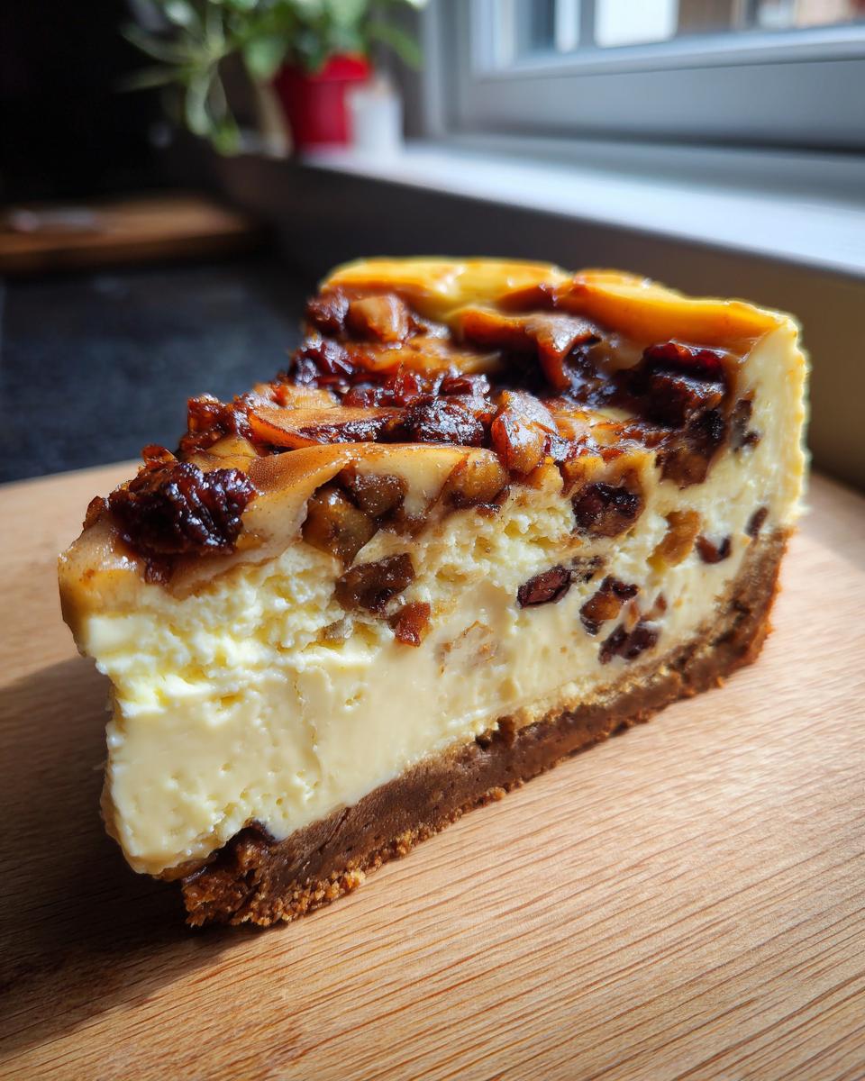 Ein Stück Weihnachtlicher Käsekuchen mit Bratapfel auf einem Holzbrett, mit karamellisierten Äpfeln und Rosinen belegt.