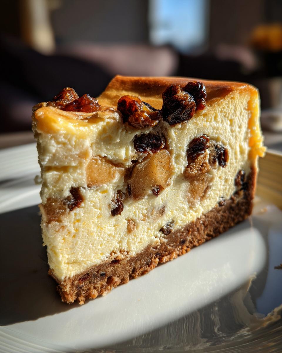 Ein Stück Weihnachtlicher Käsekuchen mit Bratapfel, mit Rosinen und Apfelstücken.
