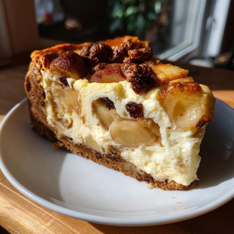 Ein Stück Weihnachtlicher Käsekuchen mit Bratapfel, mit Äpfeln und Nüssen garniert, auf einem weißen Teller.