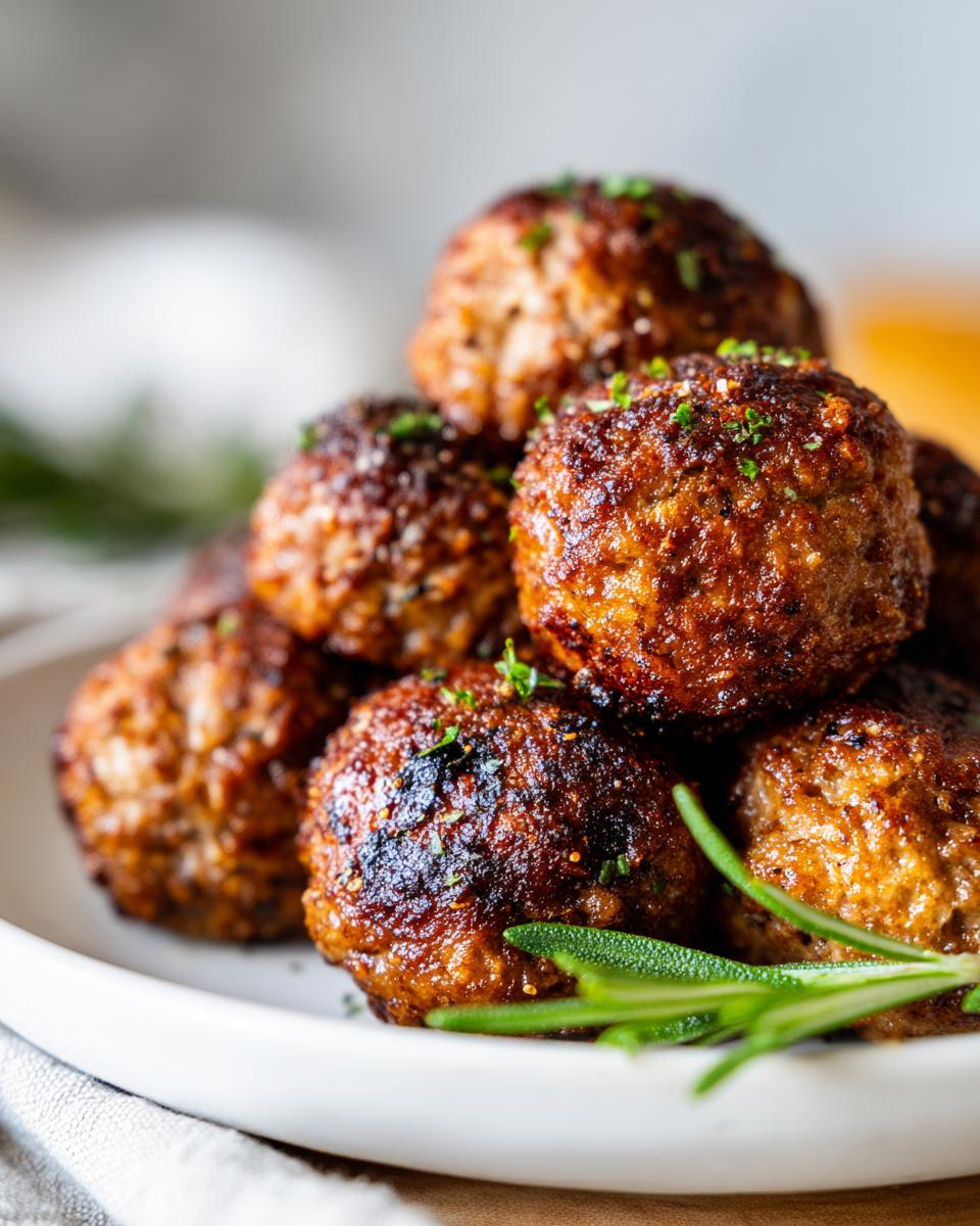 A close-up of a stack of golden-brown Weihnachts Frikadellen, garnished with fresh herbs.