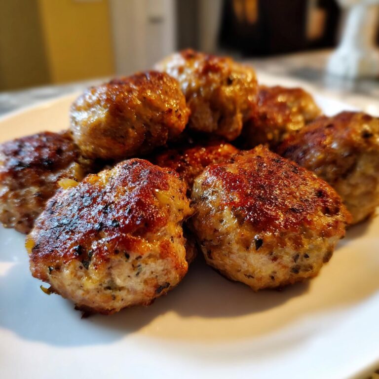 Close-up of golden-brown Weihnachts Frikadellen, a traditional German meatball, piled on a white plate.