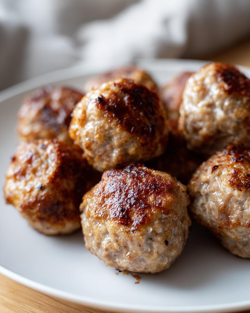 Close-up of golden-brown Weihnachts Frikadellen, traditional German meatballs, piled on a white plate.