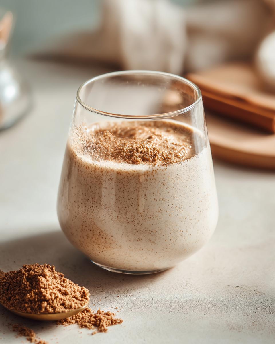 Ein Glas cremiger weißer Lebkuchen-Mousse mit weißer Schokolade, bestreut mit Lebkuchengewürz.