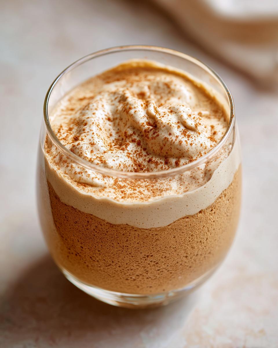 Ein Glas cremiger Weiße Lebkuchen-Mousse mit weißer Schokolade, bestäubt mit Zimt.