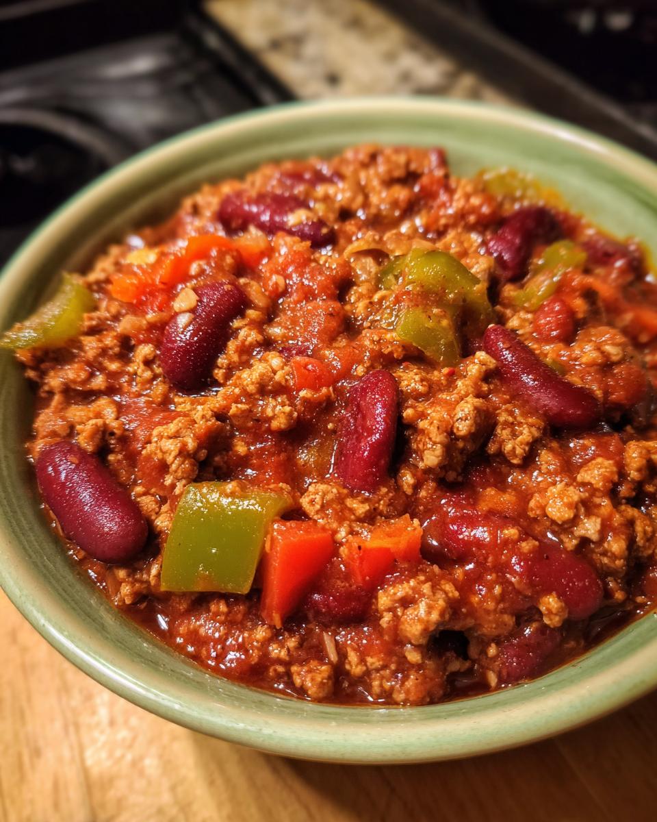 Close-up of a bowl filled with Weltbeste Chili con Carne, featuring ground meat, kidney beans, and diced peppers.