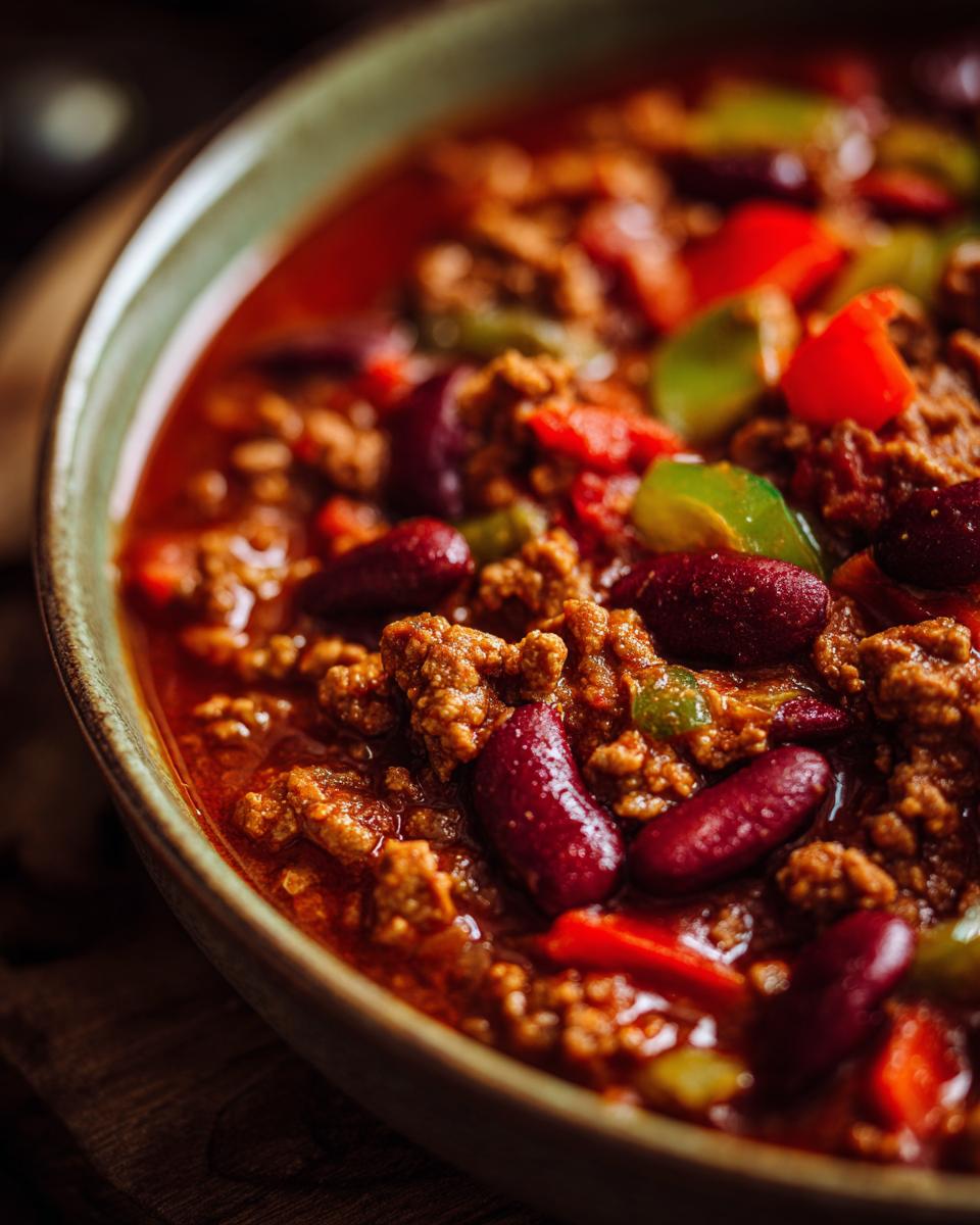 Close-up of a bowl of Weltbeste Chili con Carne with kidney beans, ground meat, and peppers.