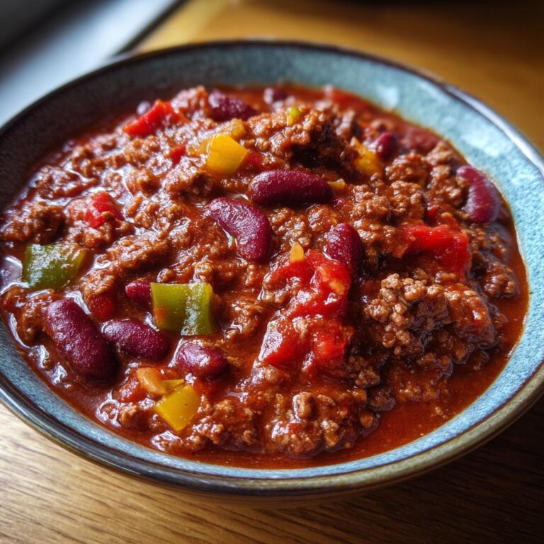 Eine Schüssel mit Weltbeste Chili con Carne, gefüllt mit Hackfleisch, Kidneybohnen und Paprika.