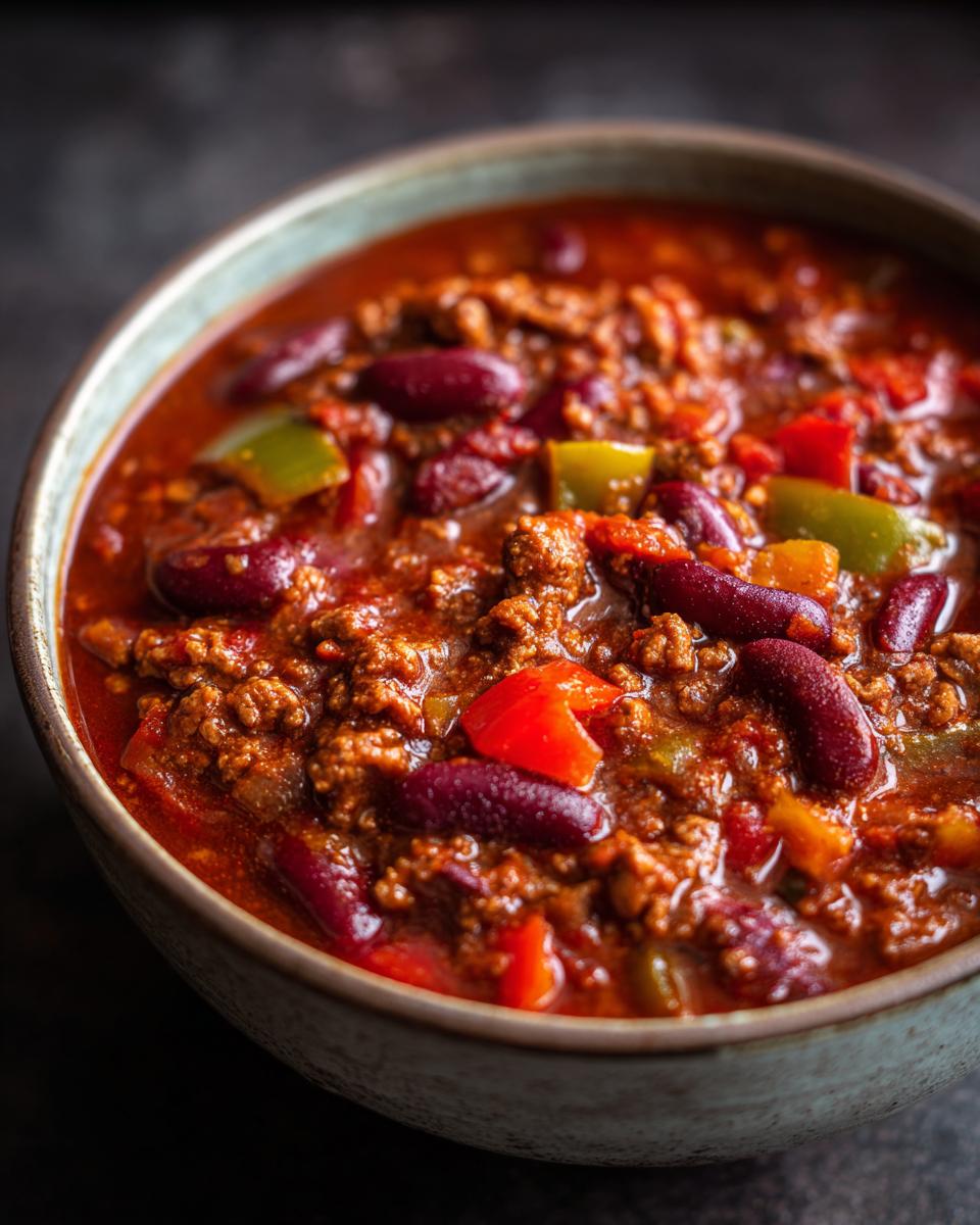 Nahaufnahme einer Schüssel mit Weltbeste Chili con Carne, gefüllt mit Hackfleisch, Kidneybohnen und Paprika.