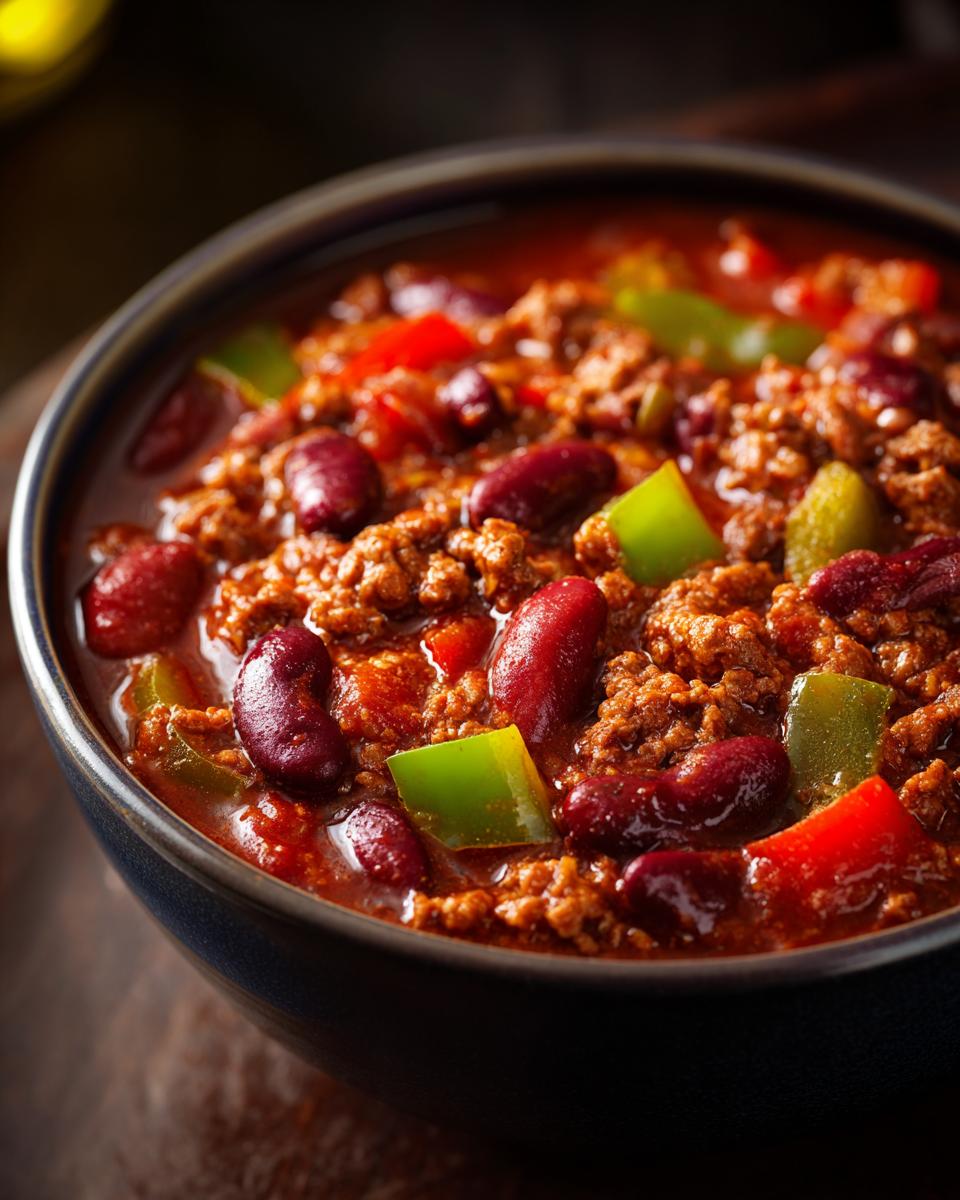 Nahaufnahme einer Schüssel mit Weltbeste Chili con Carne, reich an Hackfleisch, Kidneybohnen und Paprikawürfeln.