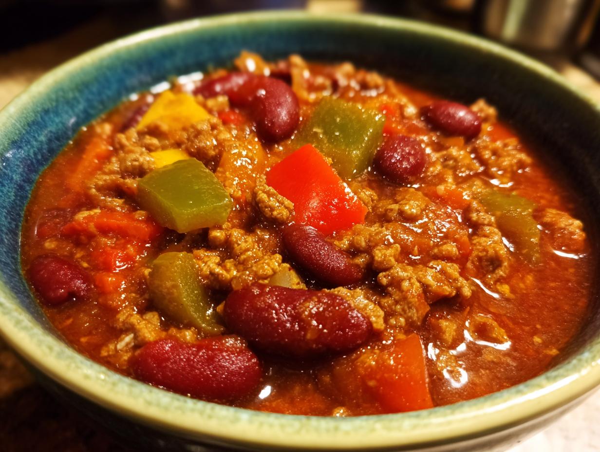 Eine Schüssel mit Weltbeste Chili con Carne, gefüllt mit Hackfleisch, Kidneybohnen und Paprikawürfeln.
