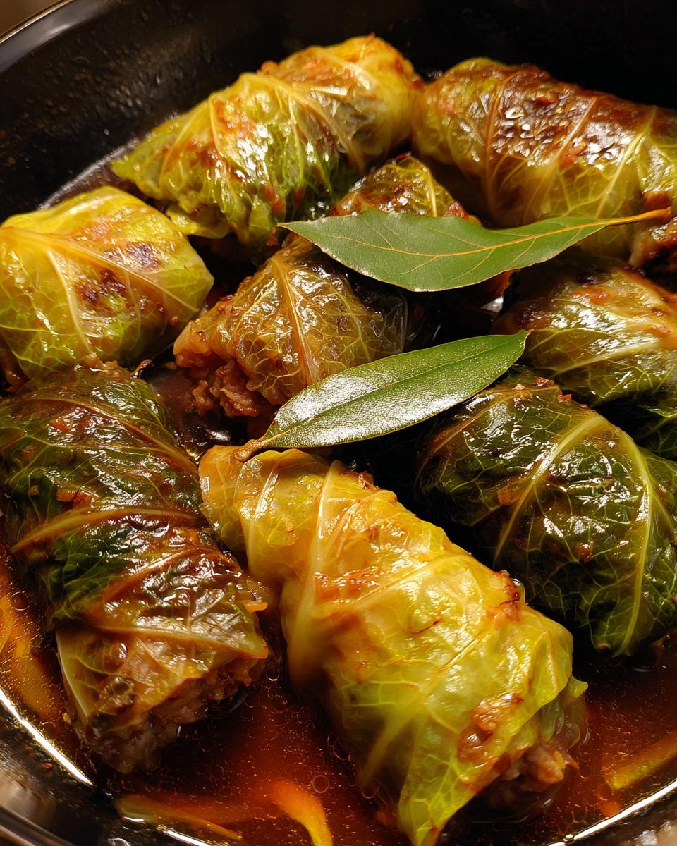 Nahaufnahme von Wirsing-Rouladen, die in einer herzhaften Sauce mit Lorbeerblättern geschmort werden.