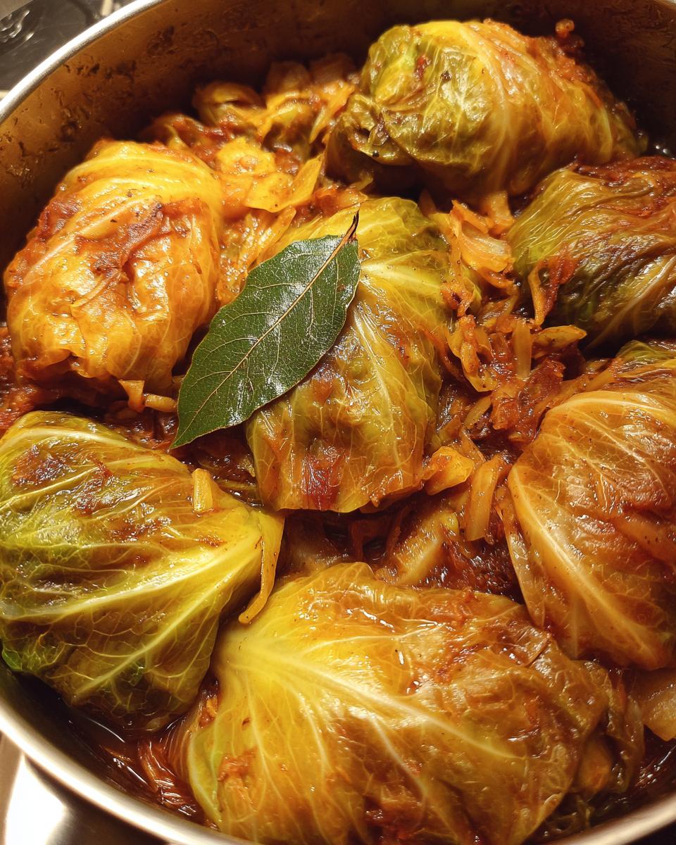 Nahaufnahme von Wirsing-Rouladen, die in einer Sauce mit Zwiebeln und Lorbeerblatt geschmort werden.