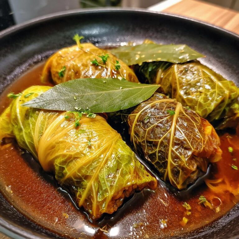 Wirsing-Rouladen Rezept: Vier herzhafte Kohlrouladen in einer dunklen Sauce, garniert mit Lorbeerblättern und Kräutern.