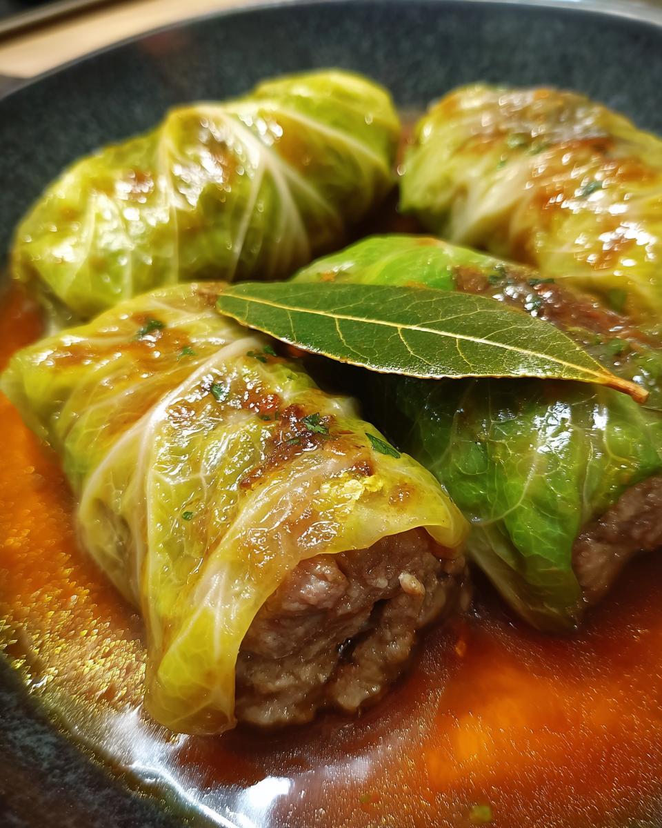 Nahaufnahme von Wirsing-Rouladen, gefüllt mit Hackfleisch und in einer herzhaften Sauce serviert, garniert mit einem Lorbeerblatt.