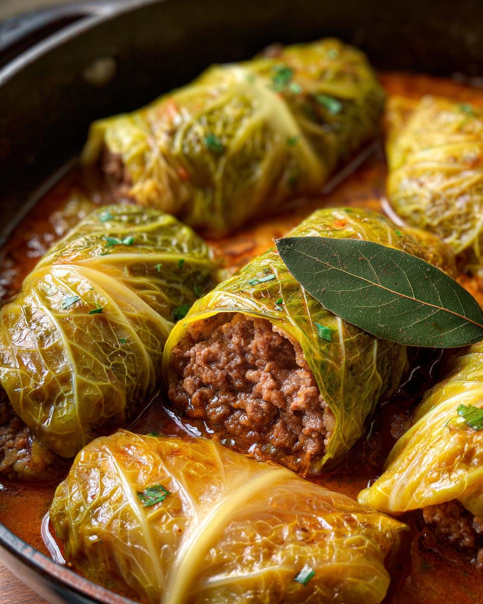 Nahaufnahme von Wirsing-Rouladen, gefüllt mit Hackfleisch, in einer würzigen Sauce, garniert mit Lorbeerblatt.
