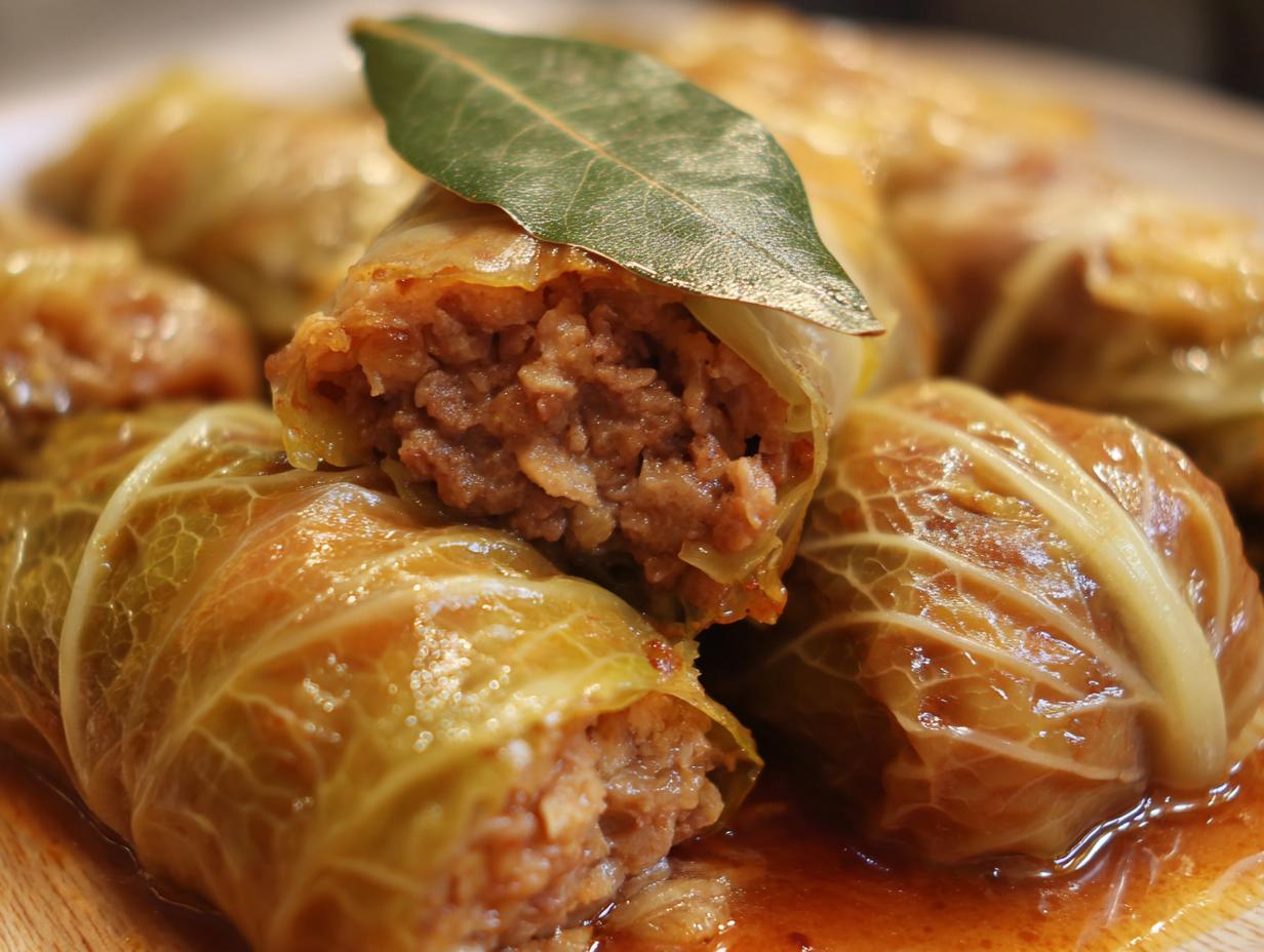Nahaufnahme von Wirsing-Rouladen, gefüllt mit Hackfleisch, in einer köstlichen Sauce, garniert mit einem Lorbeerblatt.