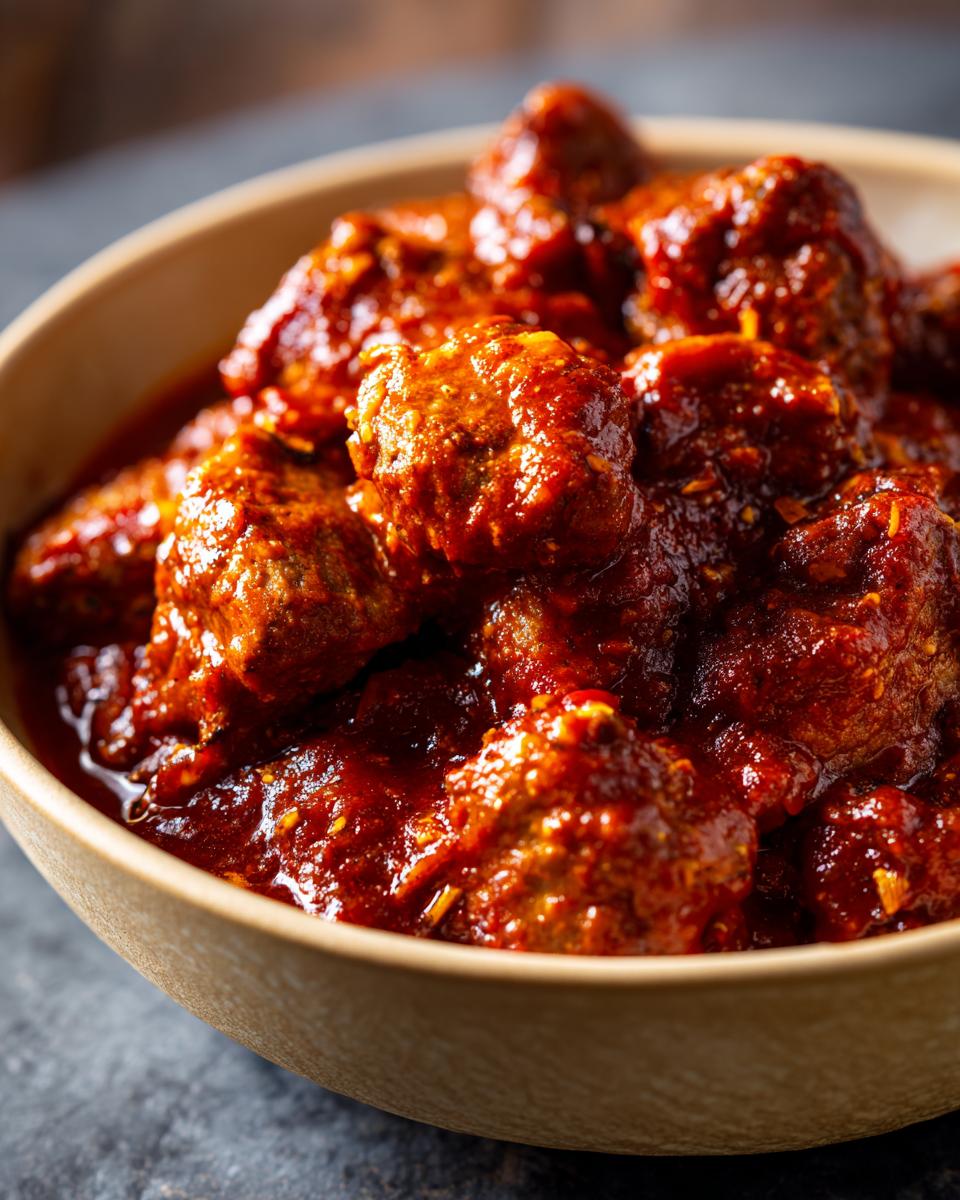 Nahaufnahme von Würstchengulasch, Fleischbällchen in einer reichhaltigen, roten Sauce in einer Holzschale.