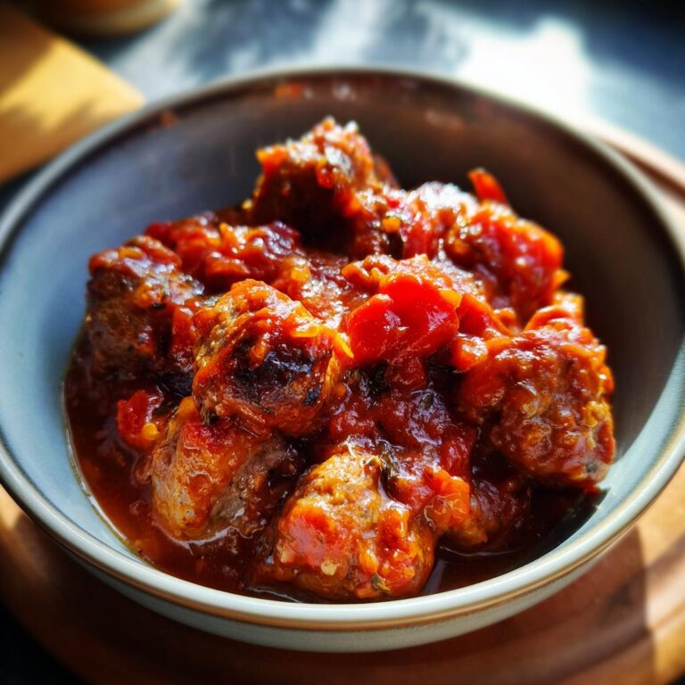 A close-up of delicious Würstchengulasch, a German sausage goulash in a rich tomato sauce.