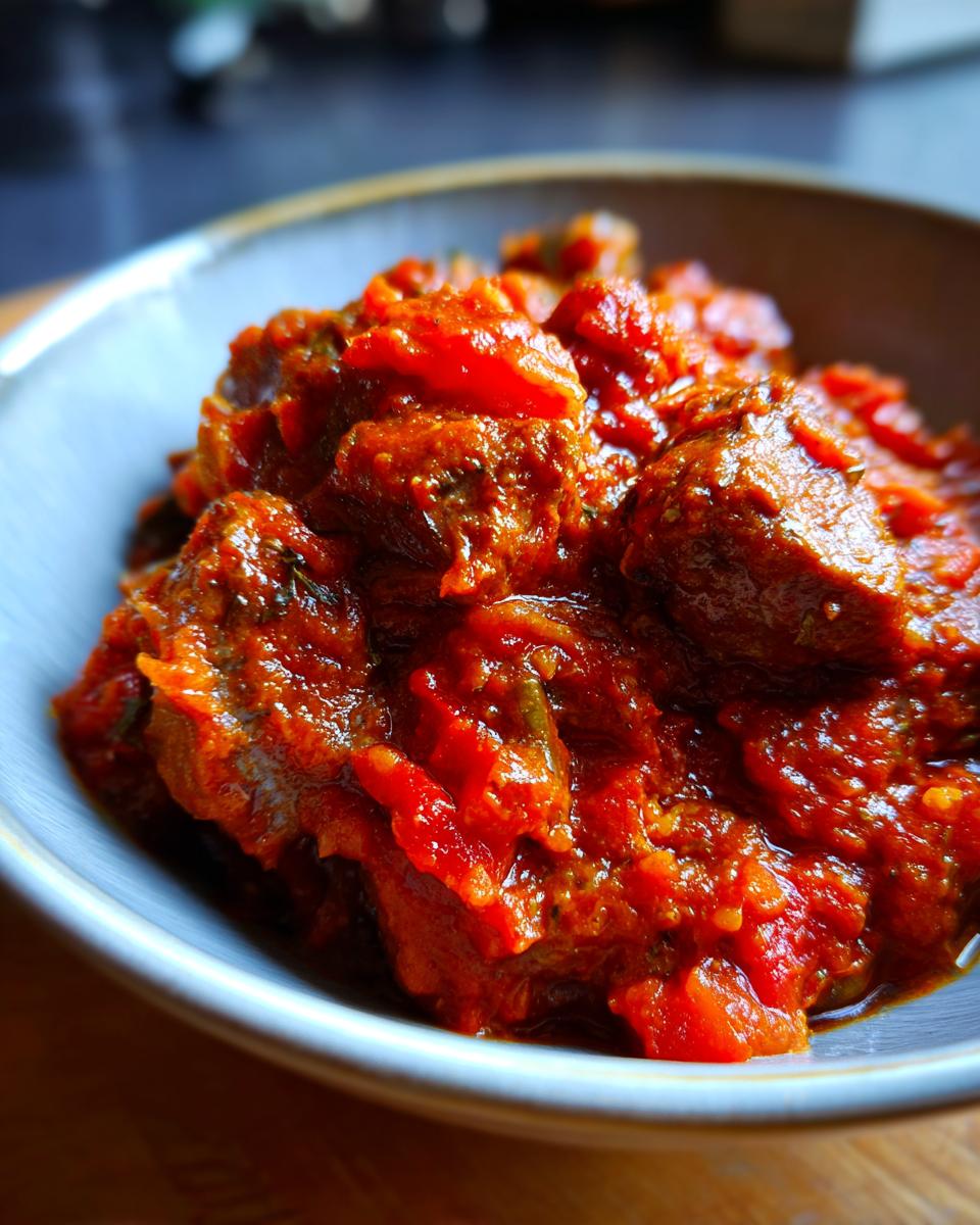 Eine Schüssel mit Würstchengulasch, serviert in einer reichhaltigen Tomatensoße mit Wurststücken.