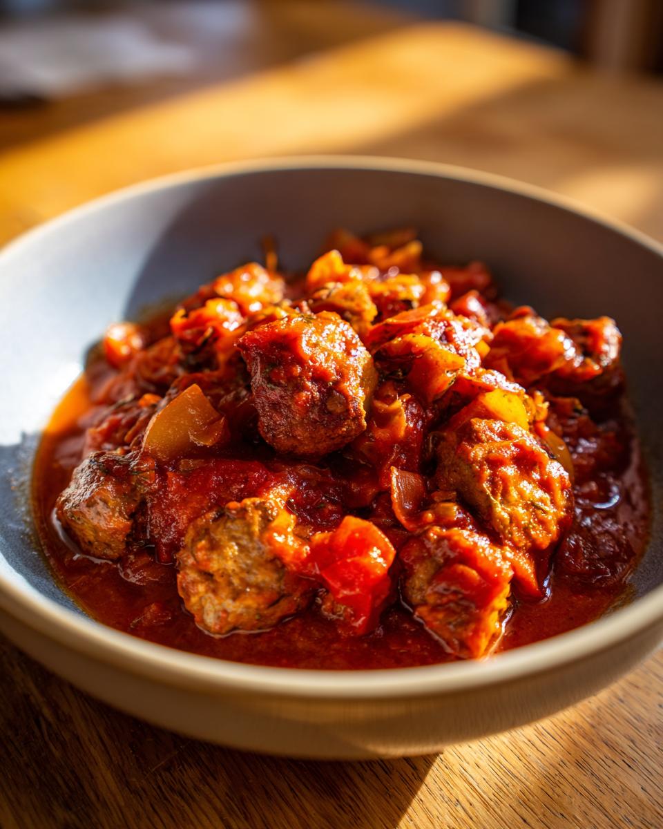Nahaufnahme einer Schüssel mit herzhaftem Würstchengulasch Rezept, serviert in einer würzigen Tomatensoße.