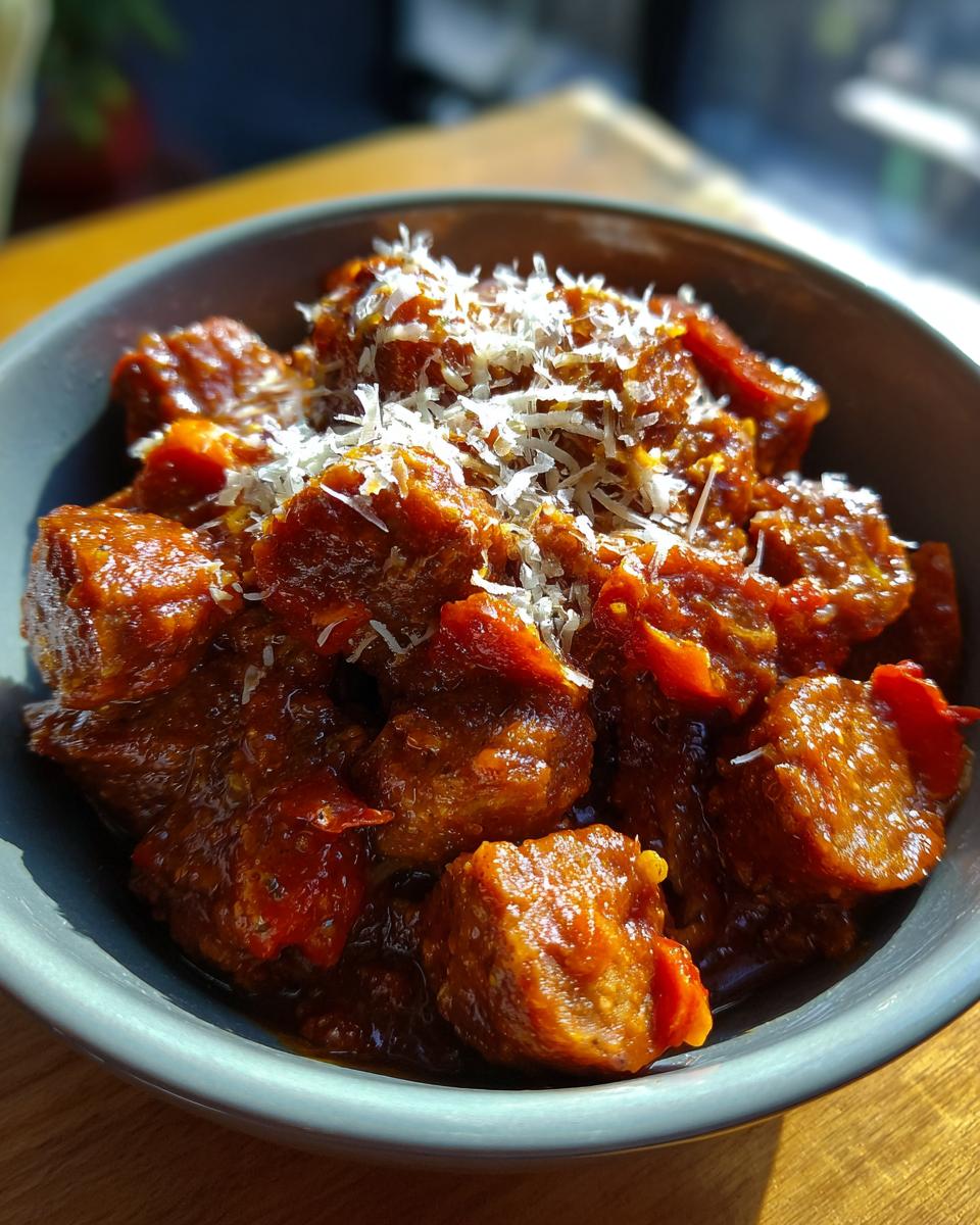 Eine Schüssel mit Würstchengulasch, garniert mit geriebenem Käse. Perfekt für unser schnelles Würstchengulasch Rezept.